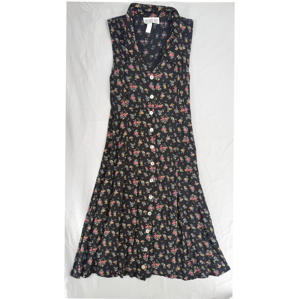 Decked Out Vintage 90s Black Floral Rayon Button Sleeveless Midi Dress 13/14